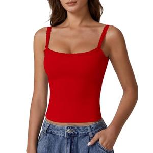 QINSEN Spaghetti Strap Tank Top for Women Double Layer Square Neck Lace Going Out Tops Red M