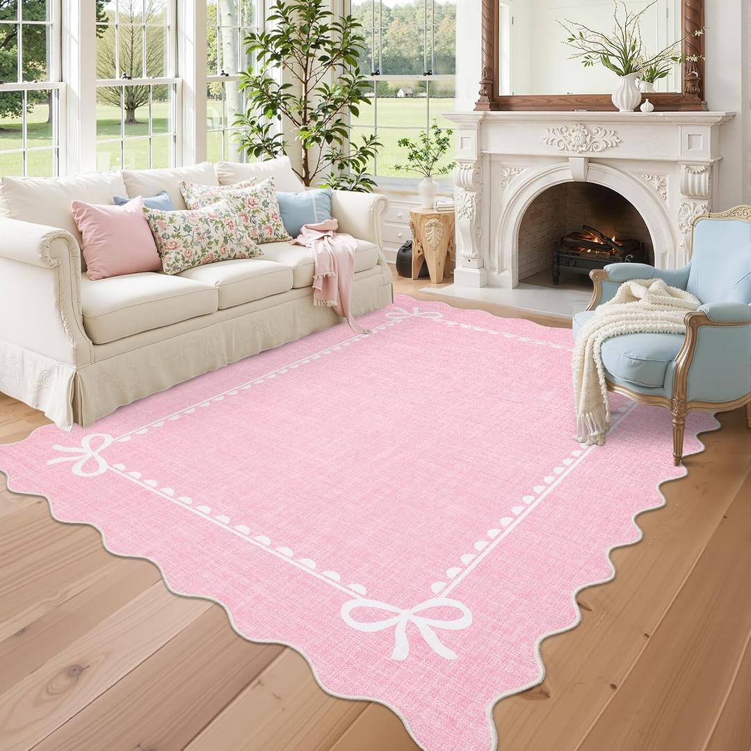 GarveeHome Scalloped Bow Rug for Living Room, Solid Pink Rug for Dorm, Washable Rugs 5x7 Soft Low Pile Non Slip Scalloped Rugs for Nursery College Bedroom Decor Kids Room Playroom