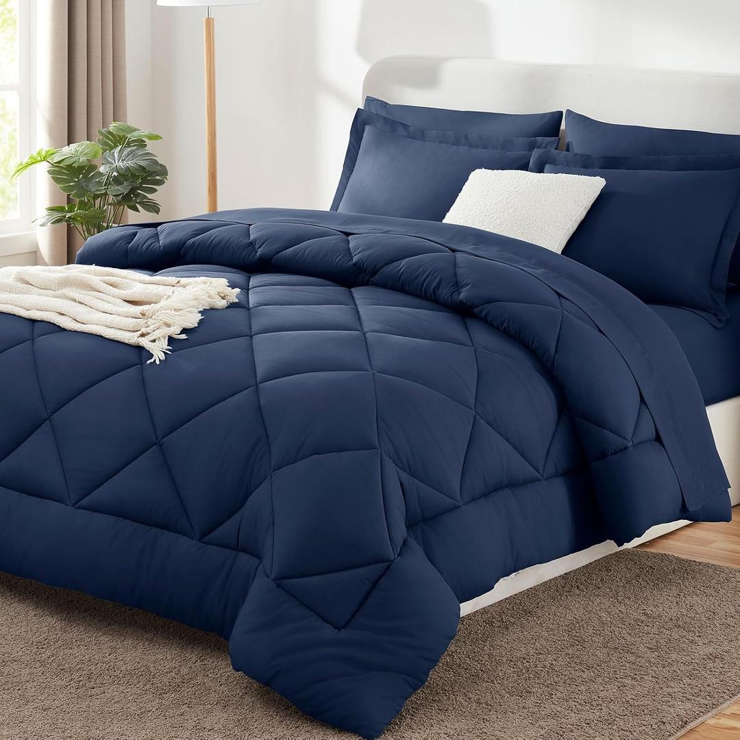 CozyLux King Size Comforter Set Navy Blue - 7 Pieces Bed in a Bag King, Luxury Soft Bed Set for All Seasons, Bedding Set with Down Alternative Comforter, Sheets, Pillowcases & Shams