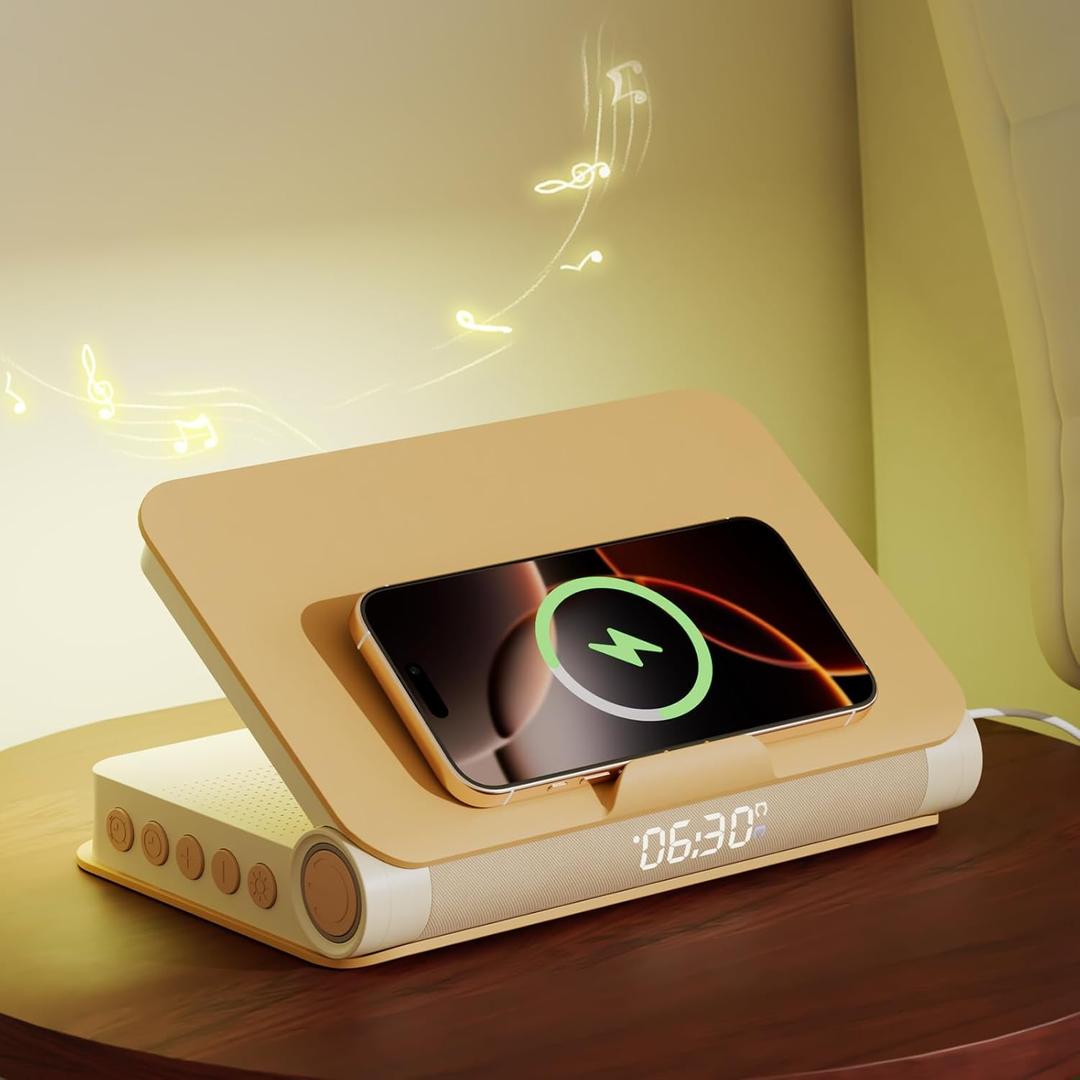 Vivilumens Book Lamp Sunrise Alarm Clocks Wireless Charger Bluetooth Speaker Loud for Heavy Sleepers Adults with Wake Up Light Dimmable Night Light Bedroom Home Decor Birthday Gifts for Valentine Day (Apricot Yellow)