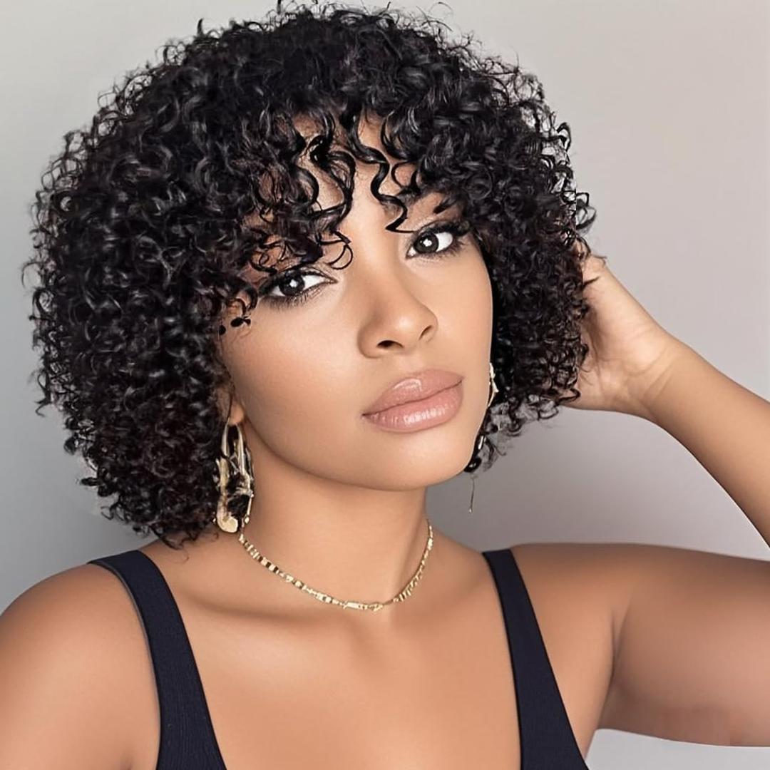 Short Curly Bob Human Hair Wig with Bangs 100% Human Hair Glueless Wear and Go No Lace Wig Machine Made Water Wave Bob Wig for Black Women Natural Black Color 10 inch