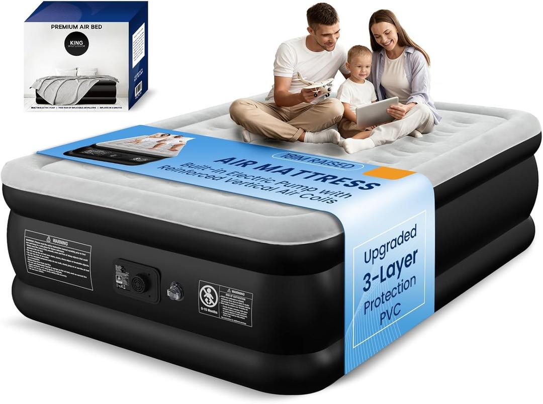 Queen Air Mattress with Built-in Pump, 3-Layer Protection PVC