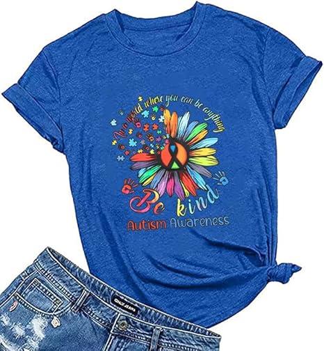 Autism Awareness Shirt Women Be Kind Special Education Teacher T-Shirt Casual Inspirational Kidness Short Sleeve Tee Tops Blue M