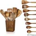Wooden Spoons for Cooking - 11 Piece Natural Teak Wood Kitchen Utensil Set, Wooden Spoons Set with Holder, Spoon Rest & Hooks, Wooden Spatula Set with 7 metal hooks (10pcs-Square)
