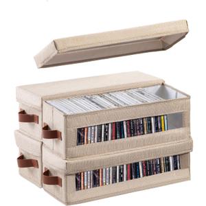4 Packs CD Storage Box with Visible Window, Stackable CD Case Holder with Dustproof Lid and Handles, Holds Up to 148 CDs in Full Jewel Cases-15.75 x 6.10 x 5.31 Inches-Beige
