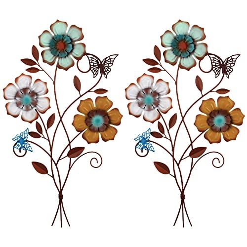 Moxweyeni Tricolor Flower Wall Decor Vintage Metal Wall Art Decor Rustic Hanging Flowers Decorative Metal Floral Art for Home Living Room Bathroom Indoor Outdoor, 15 x 9.1 Inch(2 Pieces)