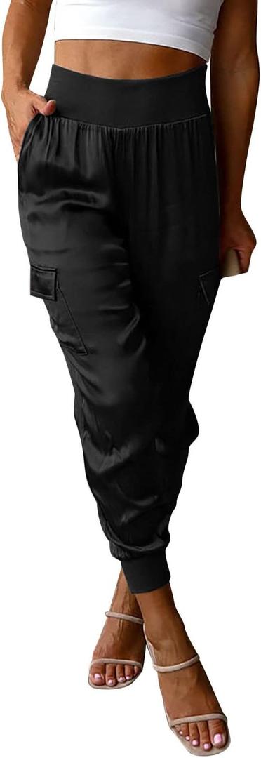 Womens Satin Jogger Pants Casual High Waist Pull on Lounge Trousers Casual Ankle Length Silky Satin Cargo Pants, Large