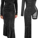 Popilush Shapewear Maxi Dress Women's Sparkly Off Shoulder Long Sleeve Formal Cocktail Dresses Bodycon Mermaid Dress (Black, M)