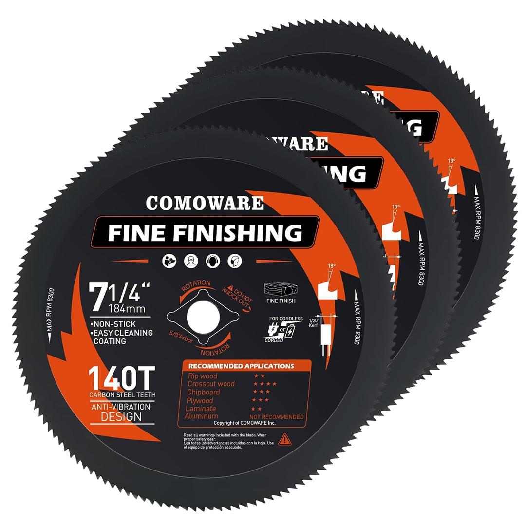 COMOWARE 7-1/4 Circular Saw Blade 3 PCS, 140T Table Saw Blade, 5/8" Arbor, ATB Circular Saw Blade, Anti-Vibration, Teflon Anti-Stick, Miter Saws Blades for Wood, Laminate, Plywood & Hardwoods