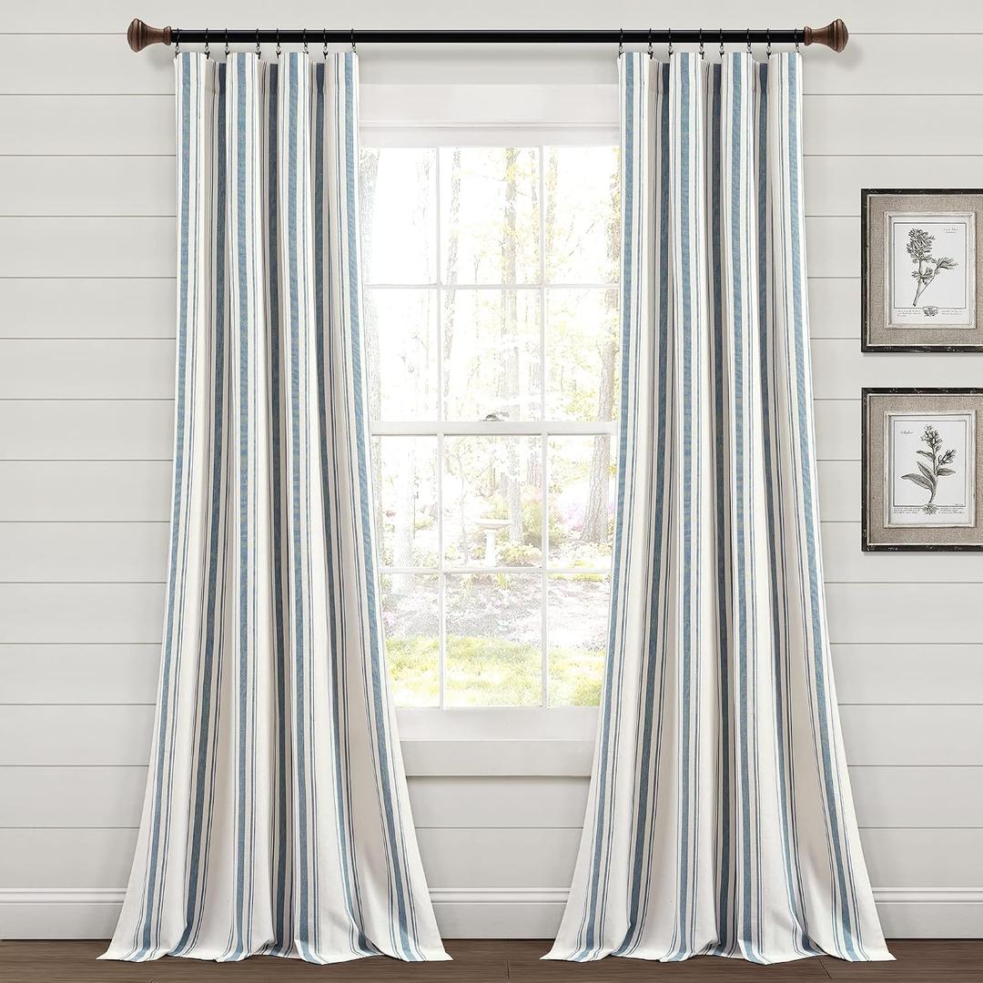 Lush Decor Farmhouse Stripe Yarn Dyed Cotton Window Curtain Panel Pair, 42" W x 84" L, Blue - Classic Modern Rustic Charm - Eco Friendly Cotton Fabric, Rod Pocket, Farmhouse stripe
