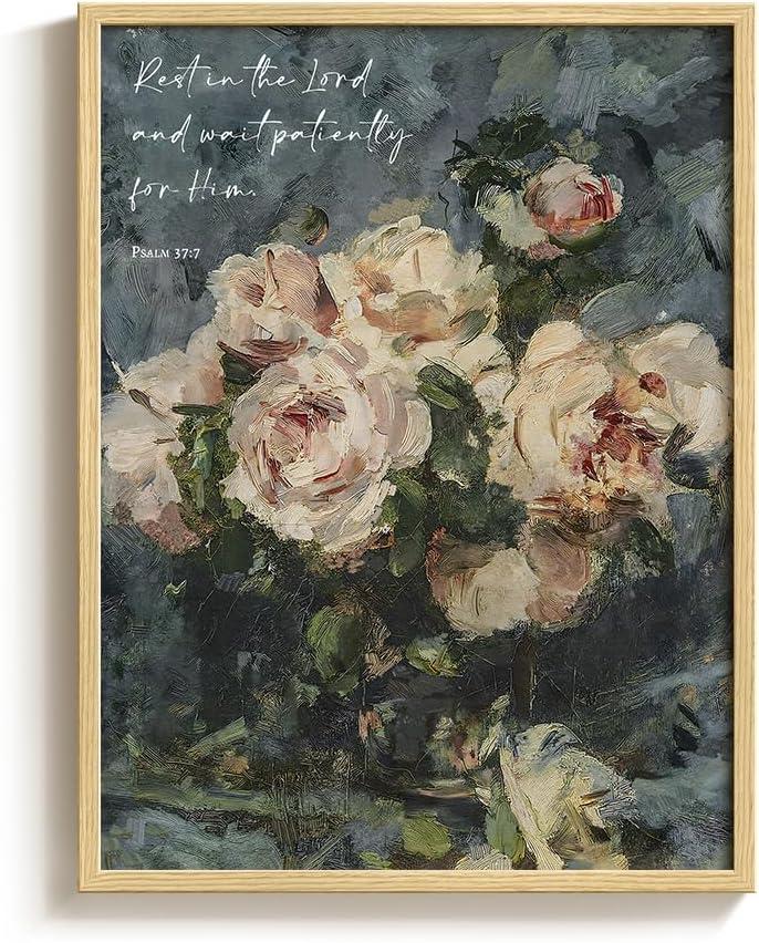 Framed Christian Wall Art, Vintage Rose Floral Canvas Picture, Rest in the Lord Scripture Psalm 37 Religious Decor for Bedroom Living Room Prayer Room, 12x16 Inch