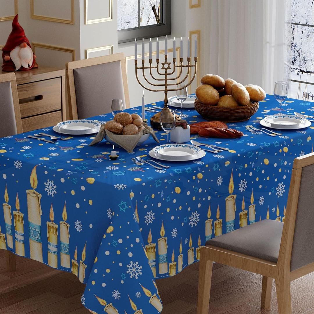 XCHI Candles Chanukah Menorah Six-Pointed Star Hanukkah Tablecloth Rectangle Table Cloth Washable Table Covers for Indoor Dining Home Party Decorations 60x104 Inch