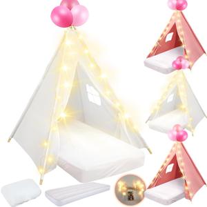 4 Pack Teepee Tent for Kids Slumber Party with Mattress,Fitted Sheet,Light String,Natural Cotton Washable Sleepover Tents for Girls Party Birthday Slumber Movie Night Supplies (Pink White)