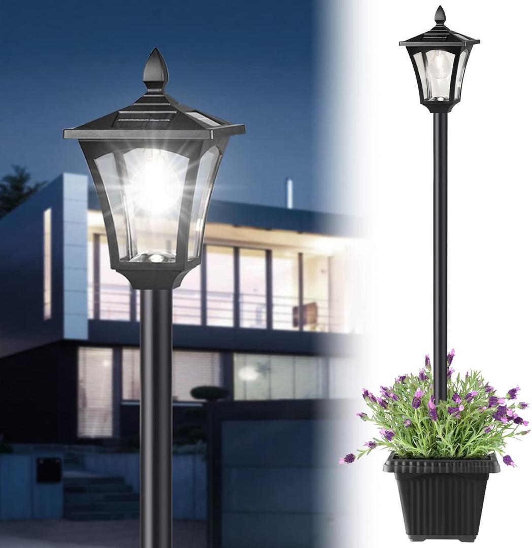 72" Solar Lamp Post Light, Outdoor Waterproof Solar Pole Light with Planter, Cool White for Porch, Yard, Driveway, Garden, Patio Decor