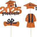 4 Pcs 2025 Graduate Cake Topper Orange Glitter Congrats Grad Cake Topper Class of 2025 Cake Decor for 2025 Senior High School/College/University Happy 2025 Graduation Party Supplies Decorations, Pack of 2