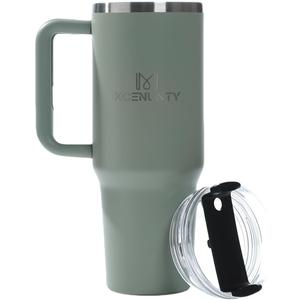 40 ounce glass with handle and straw lid, vacuum insulated travel coffee cup, stainless steel insulated cup, suitable for beverages, leak proof (blackish green)