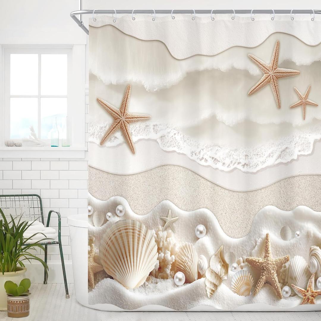 Cinbloo Starfish Beach Coastal 60Wx72H Shower Curtain Beige White Ocean Seashells Conch Pearl Coral Seacoast Sand Sea Waves Bathroom Curtain Set Summer Scenry Bath Bathroom Accessories Decor