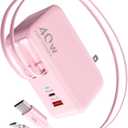 Retractable USB C Charger Wall Plug with 35.5in/90cm Type C Cables Cords,40W Fast Charging Foldable Block Multi Charger for All Devices for iPhone 17/16/15/14/13/12,iPad,Galaxy,Pixel