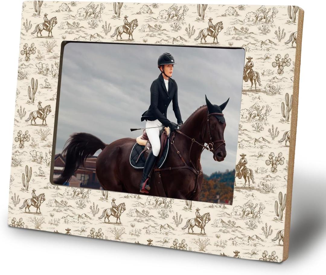 WHCHJ Vintage Western 5x7 Picture Frame, Western Home Room Decor, Country Rodeo Cowboy Photo Frame, Rustic Southwestern Desert Cactus Wood Frames for Wall or Tabletop Display