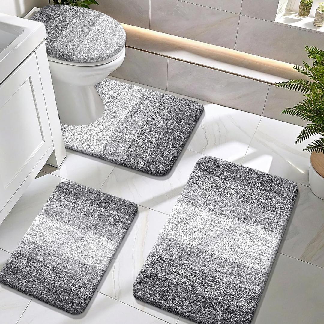 OLANLY Bathroom Rugs Sets 4 Piece, Soft Microfiber Absorbent Bath Mat, U-Shaped Contour Toilet Mat and Toilet Lid Cover, Quick Dry, Machine Washable, Toilet Cover and Rug Set for Bathroom, Grey (30" x 20" + 24" x 16" + 24" x 20" + 17.5" x 15")