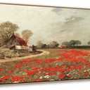 JiazuGo Vintage Farmhouse Framed Wall Art, Red Poppies Field Landscape with Country Cottage, Rustic Canvas Painting Print for Living Room Bedroom Decor, Ready to Hang, 20x40 Inch