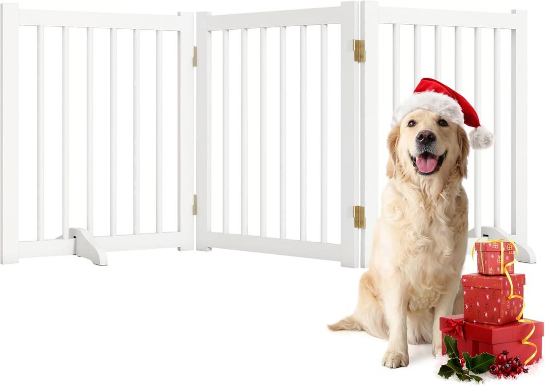 Indoor Dog Gate,Wooden Freestanding Dog Gate for Stairs or Doorways-3 Panels 24" - Folding Solid Wood Safety Pet Fence with 2 Support Feet-White Color