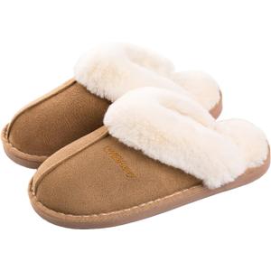 Womens Slippers Soft Plush Warm House Shoes Anti-Slip Fluffy Fur Indoor/Outdoor Slippers (8.5-9, Tan)