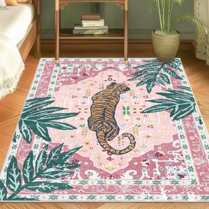 Area Rug Pink 4x6 Tiger Rug Washable Non-Slip Boho Vintage Tropical Animal Print Jungle Rug for Bedroom Girls Room Hallway Soft Cozy Whimsical Woodland Carpet for Play Room Laundry Room