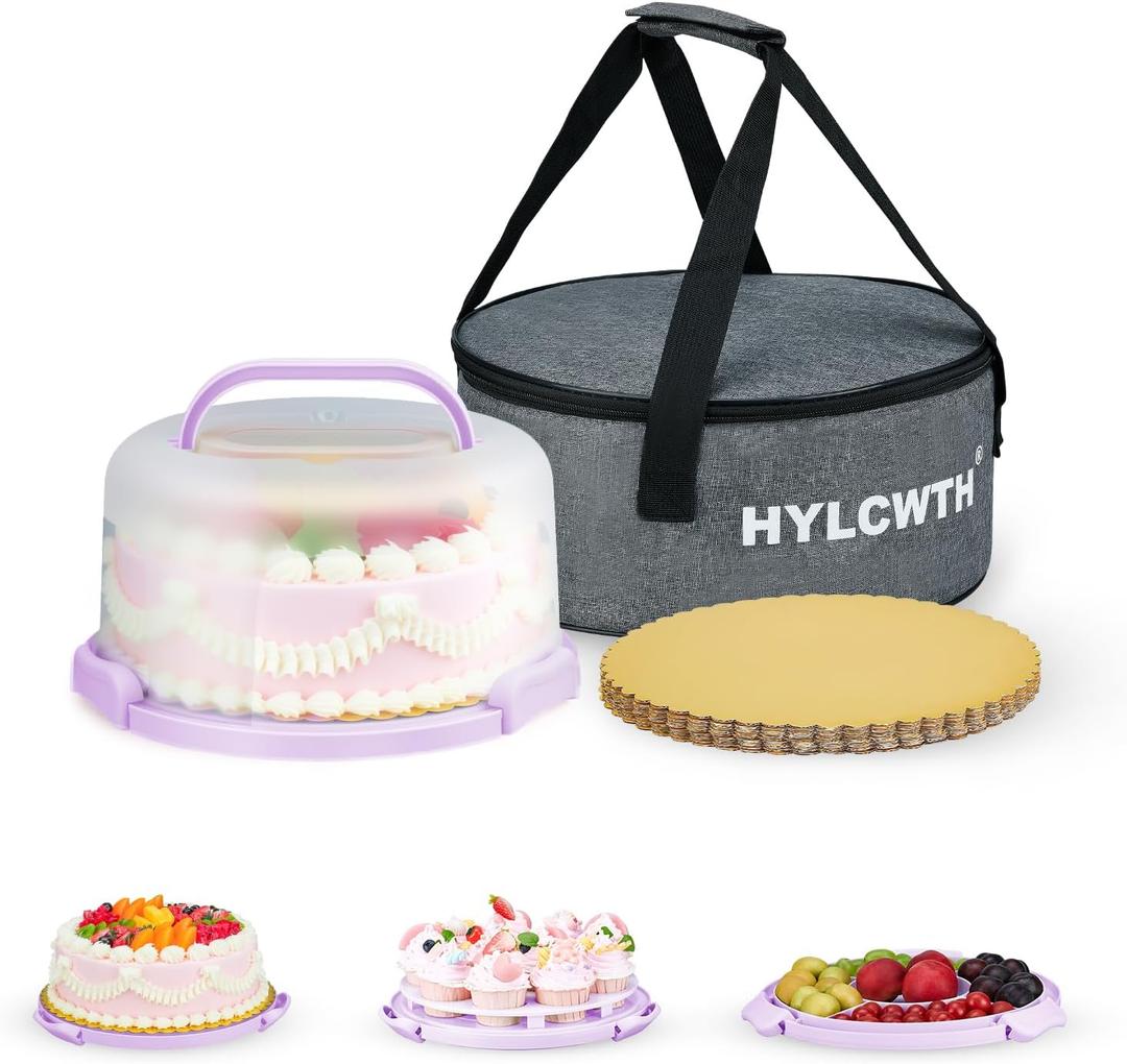 Cake Carrier With Lid And Handle, Bpa-Free Cake Holder With Lid For 10 Inch Round Cake Carrier With 10 pcs Round Golden Cake Boards And Portable Insulated BagPurple
