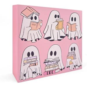 Autumn Indoor Home Room Cute Ghost Table Wood Box Sign, Desk Decor Farmhouse Coffee Bar Office Home Bedroom Living Room Rustic Wooden Block Sign for Bookshelf Tabletop Wall Door, 5x5 Inches(mh02)
