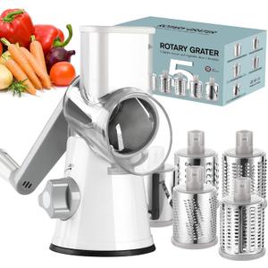 Ourokhome Rotary Cheese Grater Hand Crank, Kitchen Shredder Speed Mandolin Slicer Ice Shaver with Handle and Drum Blades for Cheese, Vegetable, Nuts, Chocolate, Potato, Carrot, 5 Blades, White