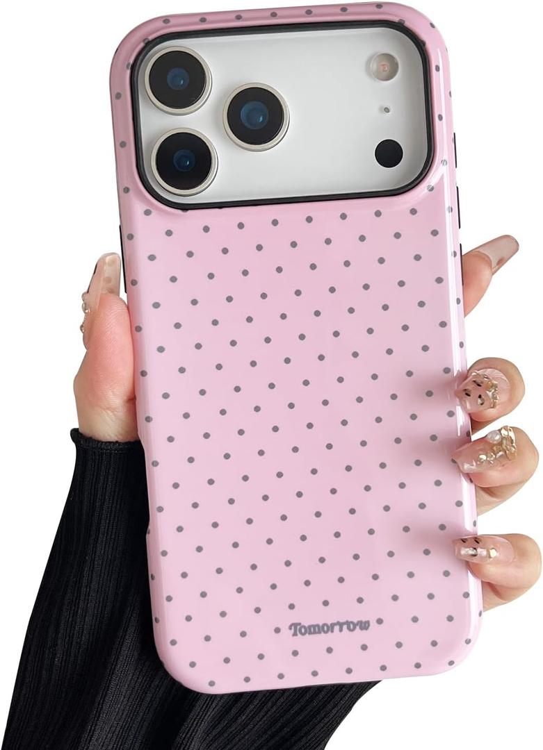 Compatible with iPhone 17 Pro Max Case, Simple Cute Polka Dot Phone Case with Shockproof Soft TPU and Hard PC Protective Phone Cover for Women Designed for iPhone 17 Pro Max 6.9", Pink