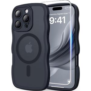 3 in 1 Magnetic for iPhone 16 Pro Max Case, Cute Wavy [Full Camera Protection] [Fit for MagSafe] 1X Screen Protector+1X Wrist Strap, Anti-Slip Women Girly Case for iPhone 16 Pro Max 6.9", Space Black