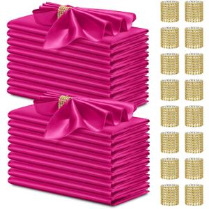 40 Pack Satin Napkins and Napkin Rings Set of 20 Hot Pink Satin Table Napkins 17 x 17 Inch, 20Pcs Silky Cloth Napkins for Wedding Party Banquets Dinner