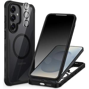 CENHUFO Magnetic Privacy for Samsung Galaxy S25 Case, Full Body Phone Case with Built-in 9H Tempered Glass Privacy Screen Protector and Camera Lens Cover, Shockproof Protective Clear Bumper -Black