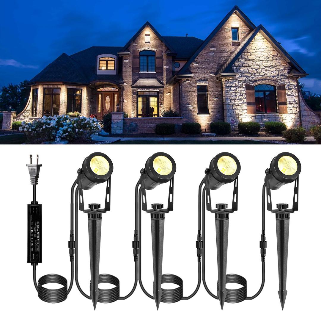 ECOWHO Outdoor Landscape Lighting, 12V LED Low Voltage Landscape Lights Waterproof Outdoor Spotlights Plug in, Graden Lights with Connector for Yard Flag Tree Pathway Lawn Decor(4 Pack Warm White)