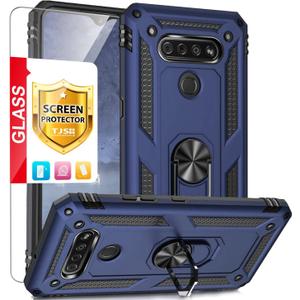 TJS Compatible with LG K51 Case, LG Q51 Case, LG Reflect Case, with [Tempered Glass Screen Protector][Metal Ring][Magnetic Support] Kickstand Heavy Duty Drop Protector Phone Case (Blue)
