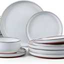 E-far Stoneware Dinnerware Sets for 4, 12 Pieces Reactive Glaze Plates and Bowls Sets, Elegant Dishes with Rustic Terracotta Base, Dishwasher & Microwave Safe, Scratch Resistant, Glacier White