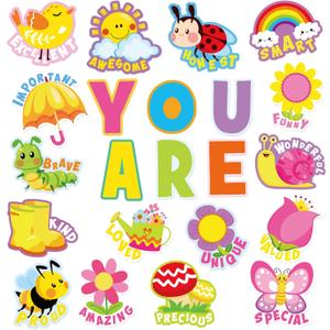 54Pcs Spring Cartoon Positive Cutouts Motivational Sayings Paper Cutting with 100Pcs Glue Points for Party Classroom Bulletin Board Craft Wall Decor