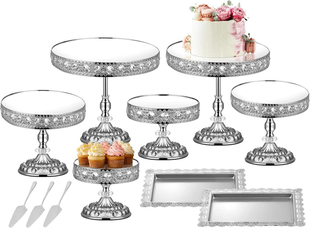 12-Piece Silver Cake Stand Set, Vintage Cake Stand with Crystal Edge and Cupcake Display Tray, Dessert Table Display Set for Wedding, Party, Baby Shower, Anniversary Celebration