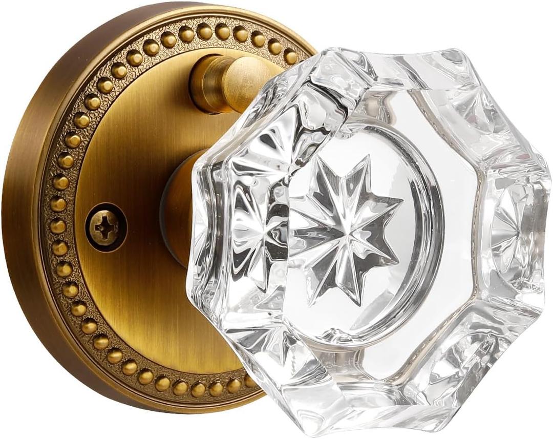 Antique Brass Door Knobs Crystal Door Knob Interior Privacy Door Knob for Bedroom and Bathroom Glass Door Knob,Zinc Alloy 1 Pack