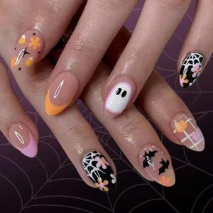 3 x Halloween Press on Nail Short Almond Fake Nails with Spider Web Bat Daisy Floral Designs Glue on Nails French Tip Cute Ghost Glossy Acrylic Artificial Nails Full Cover Stick on Nails for Women 24 Pcs