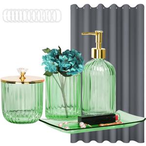 Green Bathroom Accessories and Shower Curtains Set, 4PCS Glass Bathroom Set Complete of Soap Dispenser, Toothbrush Holder, Apothecary Jar, Vanity Tray, Decorative Dorm Home Decor and Housewarming Gift