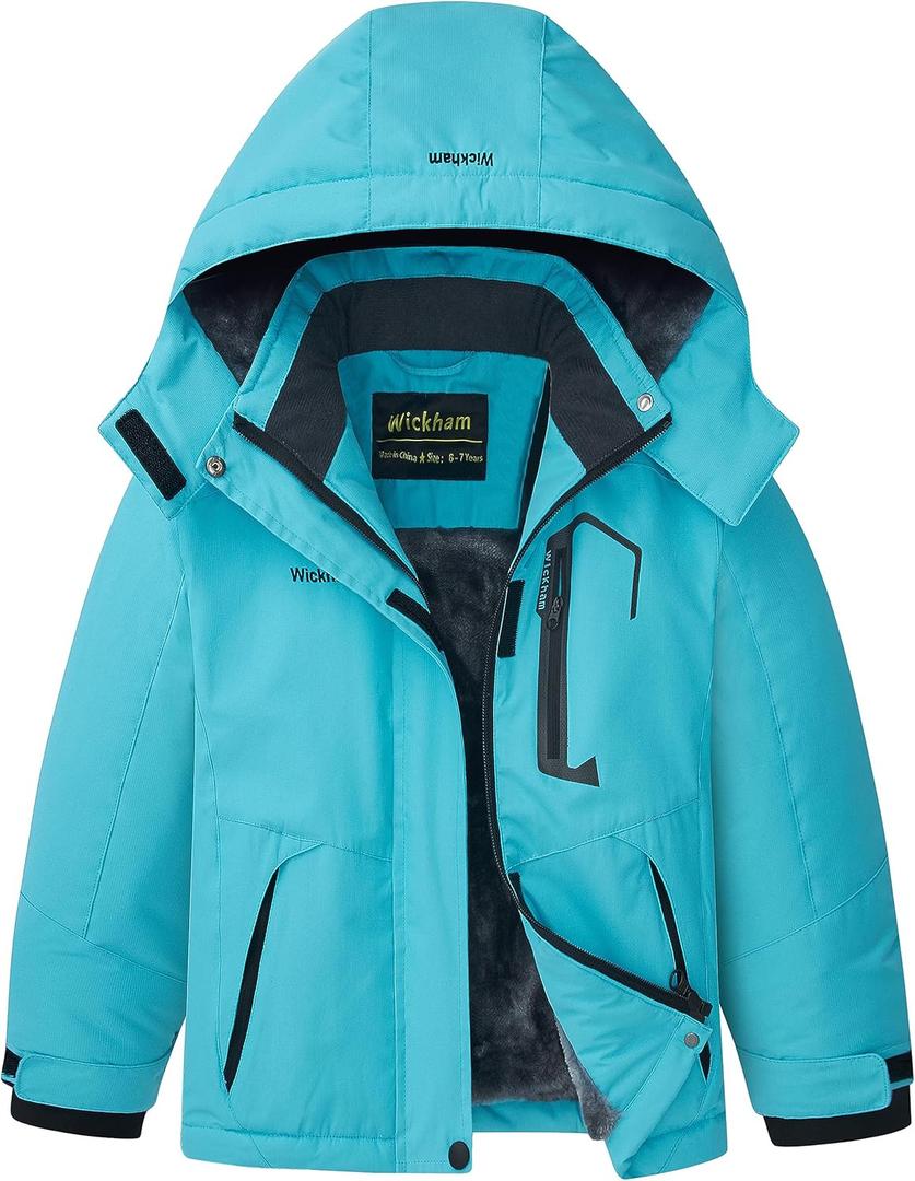 WICKHAM Girl's Waterproof Ski Jacket Winter Warm Fleece Lined Snow Windproof Jackets Removable Hood Ski Coat for Kids (Blue)Size: 8 Years
