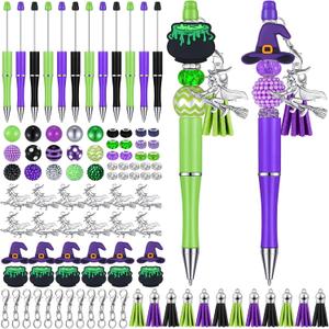 Jutom 12 Pcs Halloween Beadable Pens with Focal Silicone Beads Witch Cauldron Purple Green Bead Crafting DIY Making Pens Kit for Office School Christmas Holiday Gift Bulk