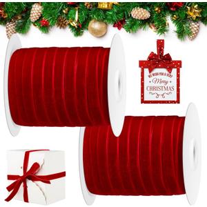 Cindeer 100 Yards Christmas Velvet Ribbon Christmas Ornaments Satin Vintage Trim Velvet Ribbon Roll for Gift Wrapping Hair Bow Clip DIY Crafts Party Wedding Decor(5/8 Inch,Red)