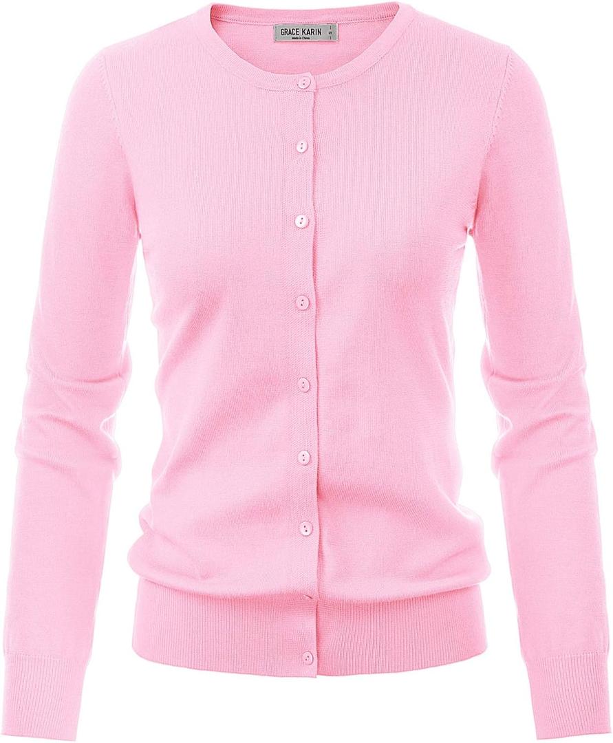 GRACE KARIN Women's Long Sleeve Button Down Crew Neck Classic Sweater Knit Cardigan (Medium, Light Pink)