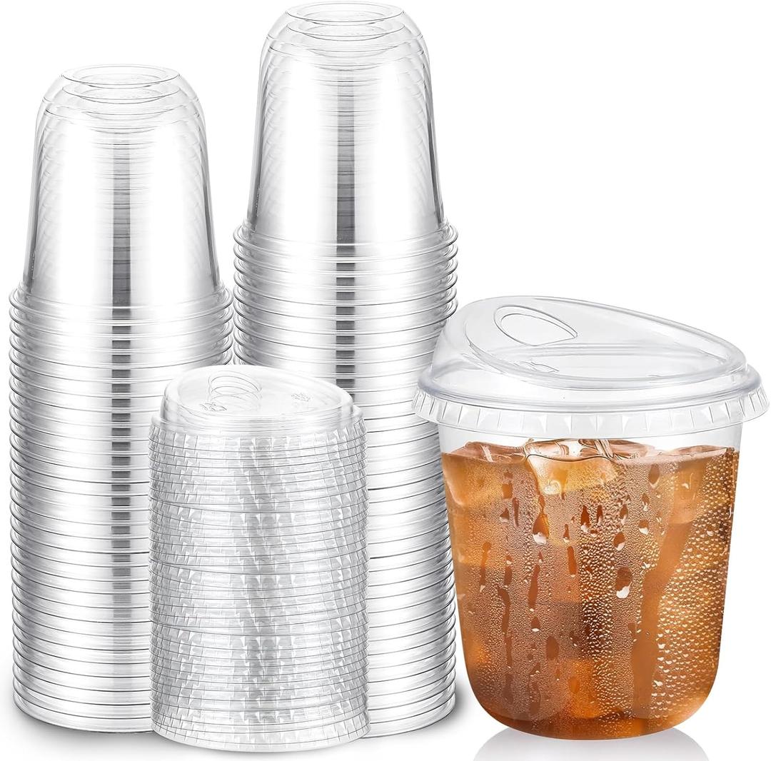 Baderke 50 Pcs Plastic Cups with Sip Lids Round Bottom Disposable Plastic Coffee Cups with Lids Clear Strawless Crystal Mugs for Iced Coffee Smoothie Cold Beverage Party Catering Supplies (12 oz)
