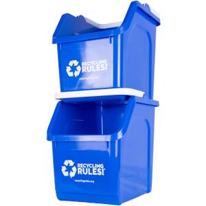 Recycling Rules! 6 Gallon Stackable Recycling Bin Container in Blue, Eco-Friendly BPA-Free Handy Recycler with Handle, 2-Pack