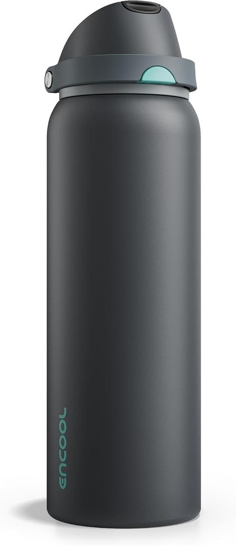 Encool Insulated Water Bottle with Straw - Encool Stainless Steel Water Bottle with Push Button Lid, Leak-Proof & BPA-Free, Keeps Cold for 24 Hours for Sports, Travel, Gym (40 oz, Tuna Grey-Green)